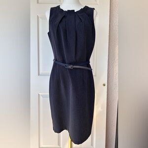 Karin Stevens Sheath Dress Navy Tuck Pleats‎ Belted Size 12